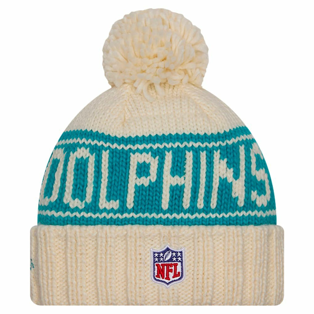 Miami Dolphins New Era Women's 2024 Sideline Cuffed Knit Hat with Pom - Cream Hats