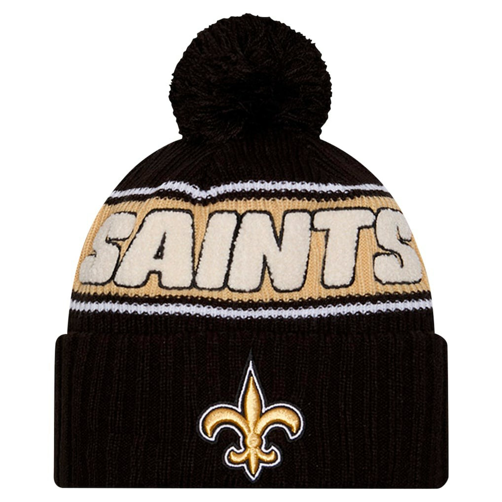 New Orleans Saints New Era Youth 2024 Sideline Sport Cuffed Knit Hat with Pom - Black Hats