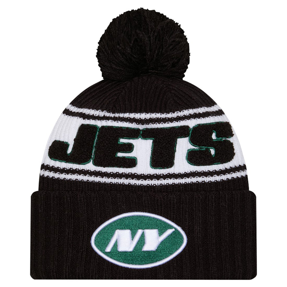 New York Jets New Era Youth 2024/25 Sideline Cuffed Knit Hat with Pom - Black Hats
