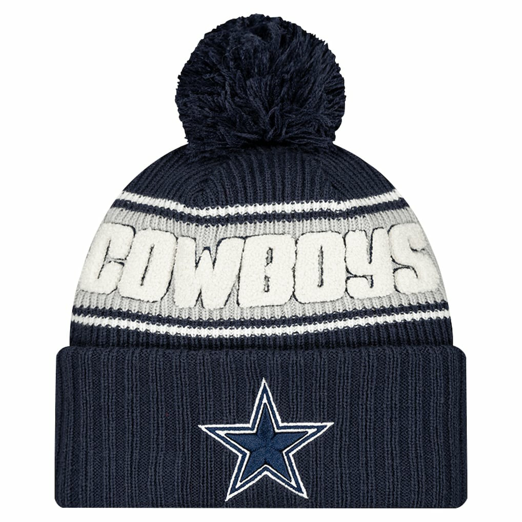 Dallas Cowboys New Era Youth 2024/25 Sideline Cuffed Knit Hat with Pom - Navy Hats