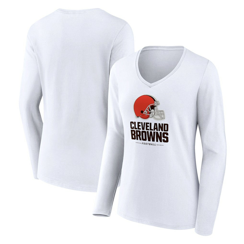 Cleveland Browns Women's Team Lockup Long Sleeve V-Neck T-Shirt - White T-shirts