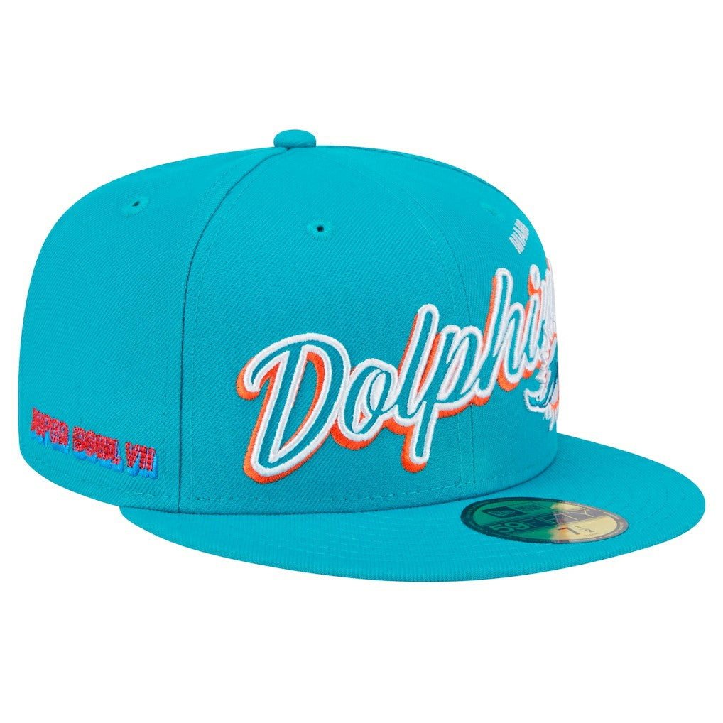 Miami Dolphins New Era Script Sided 59FIFTY Fitted Hat - Aqua Hats