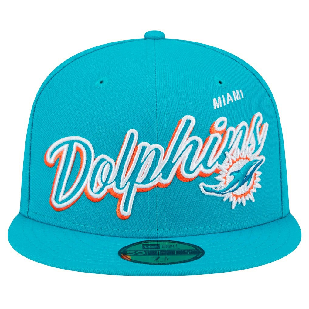 Miami Dolphins New Era Script Sided 59FIFTY Fitted Hat - Aqua Hats