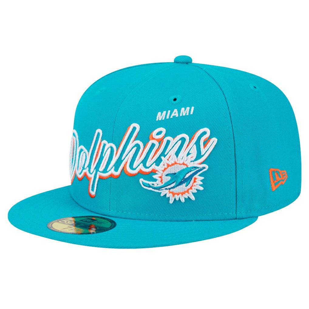 Miami Dolphins New Era Script Sided 59FIFTY Fitted Hat - Aqua Hats