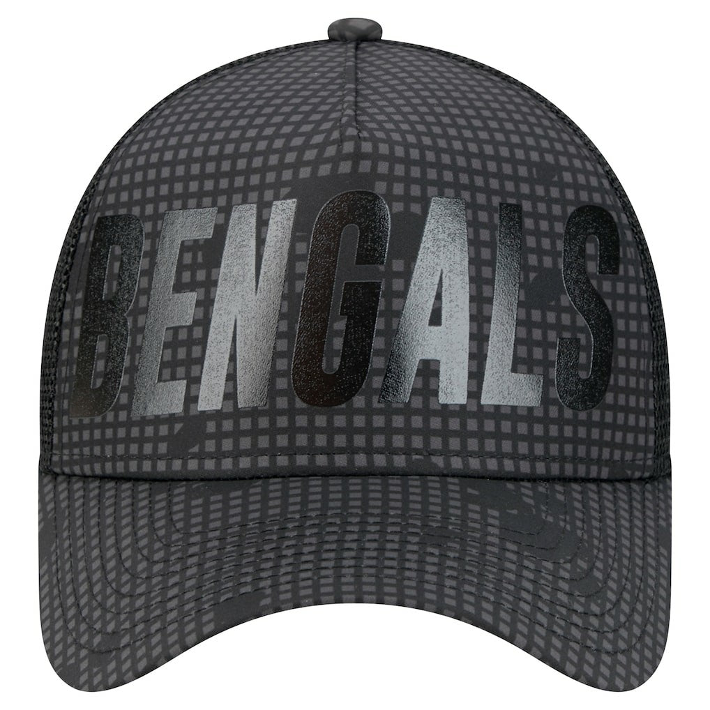 Cincinnati Bengals New Era Midnight Ink Tonal Text A-Frame Trucker 9FORTY Adjustable Hat - Black Hats