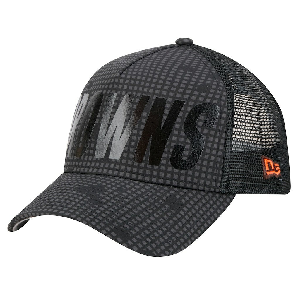 Cleveland Browns New Era Throwback Midnight Ink Tonal Text A-Frame Trucker 9FORTY Adjustable Hat - Black Hats