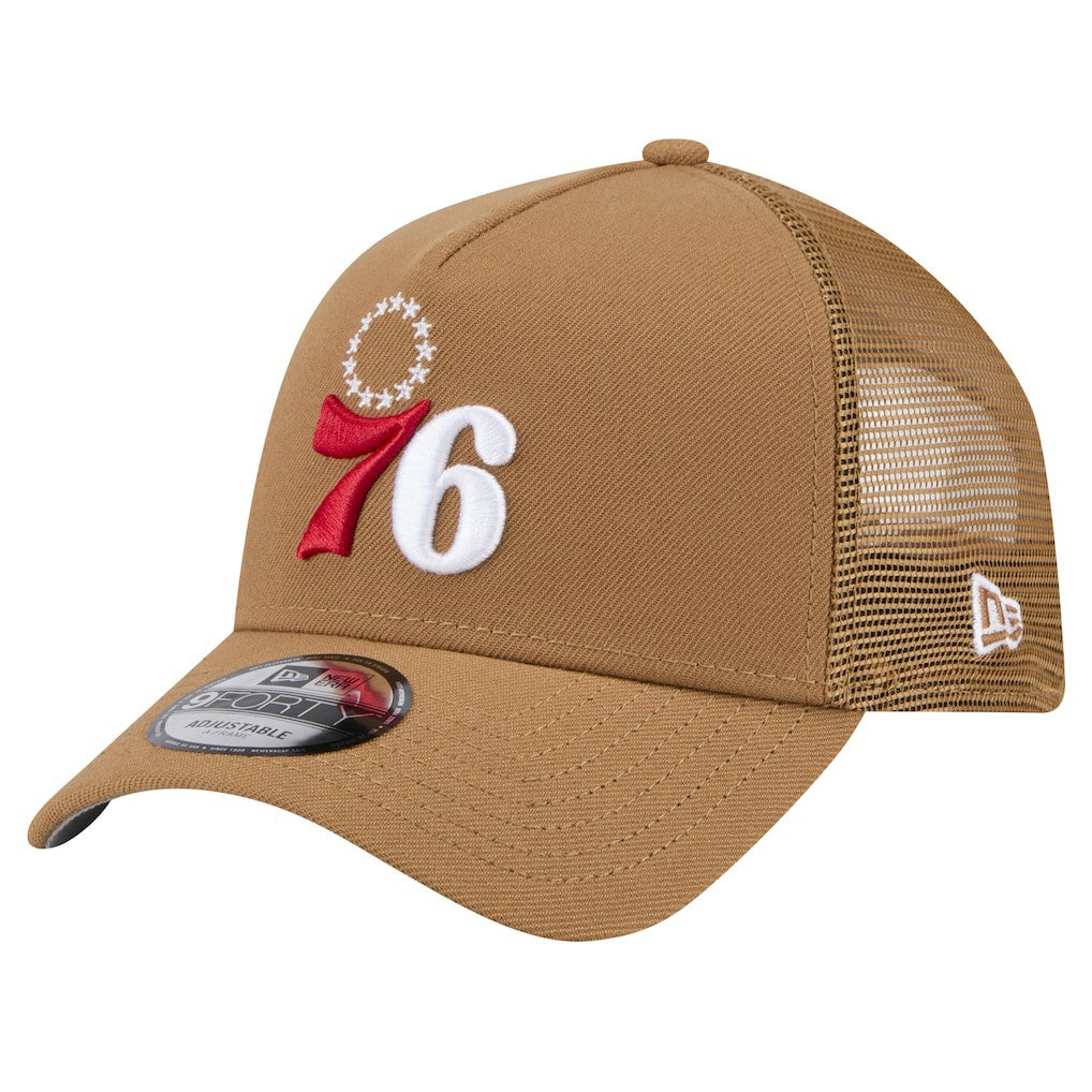 Philadelphia 76ers 9FORTY A-Frame Trucker Adjustable Hat Tan - New Era