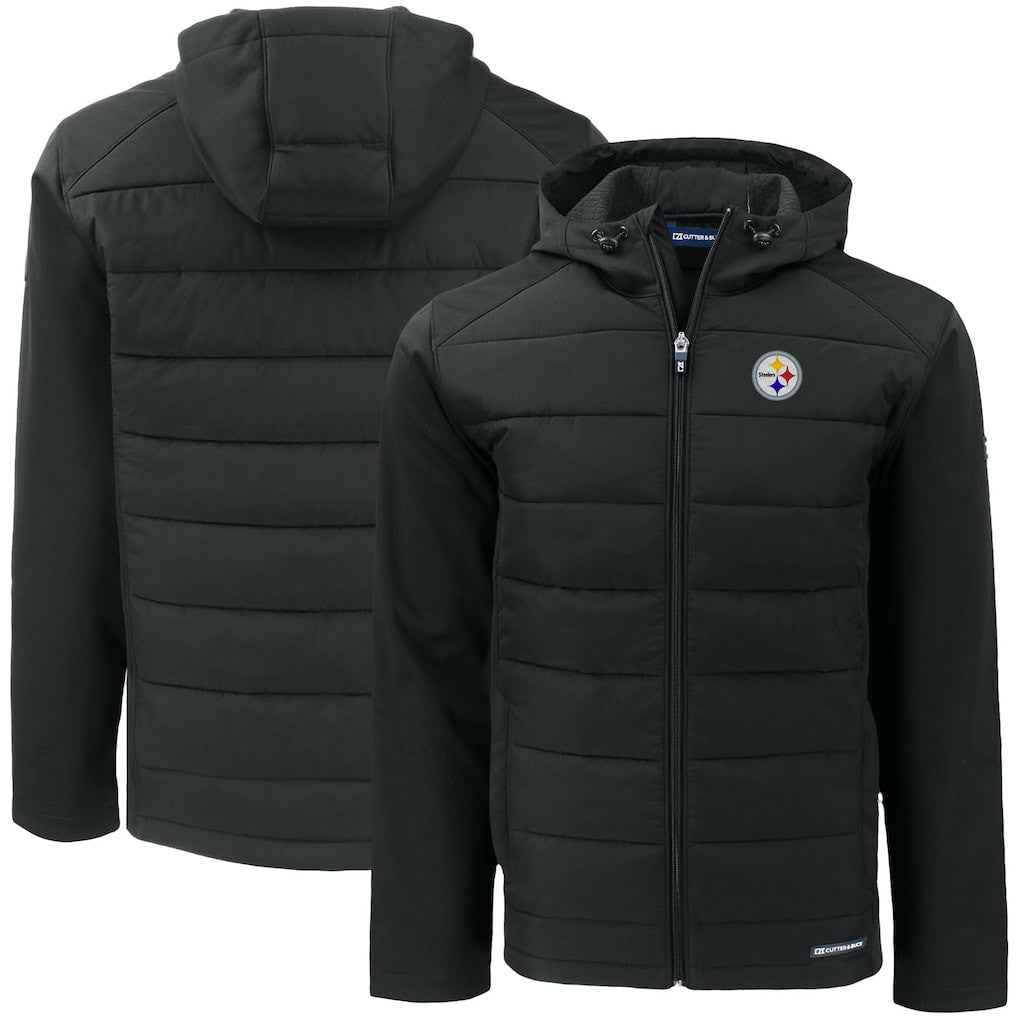 Pittsburgh Steelers Cutter & Buck Big & Tall Evoke Hybrid Eco Softshell Recycled Full-Zip Hooded Jacket - Black Jackets