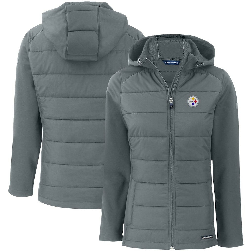 Pittsburgh Steelers Cutter & Buck Women's Evoke PrimaLoft Hybrid Eco Softshell Recycled Full-Zip Hooded Jacket - Gray Jackets