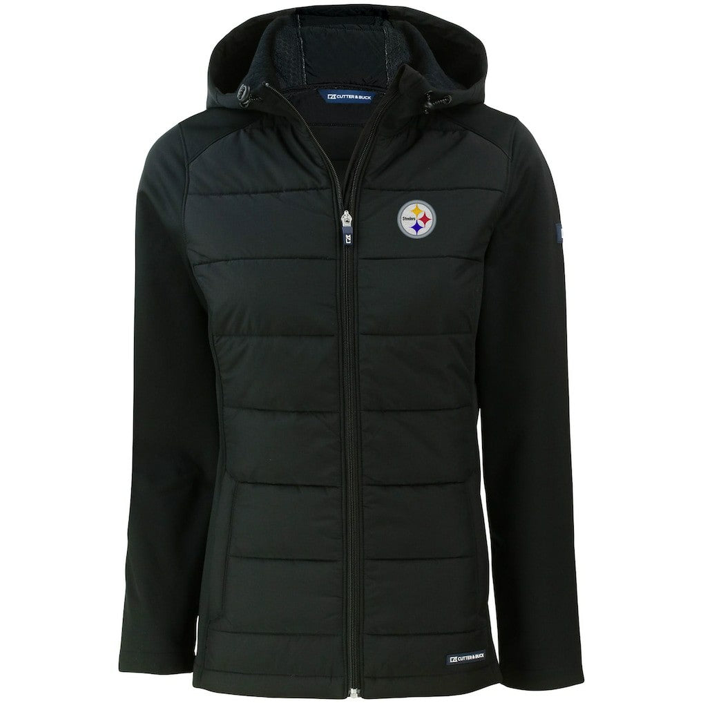Pittsburgh Steelers Cutter & Buck Women's Evoke PrimaLoft Hybrid Eco Softshell Recycled Full-Zip Hooded Jacket - Black Jackets