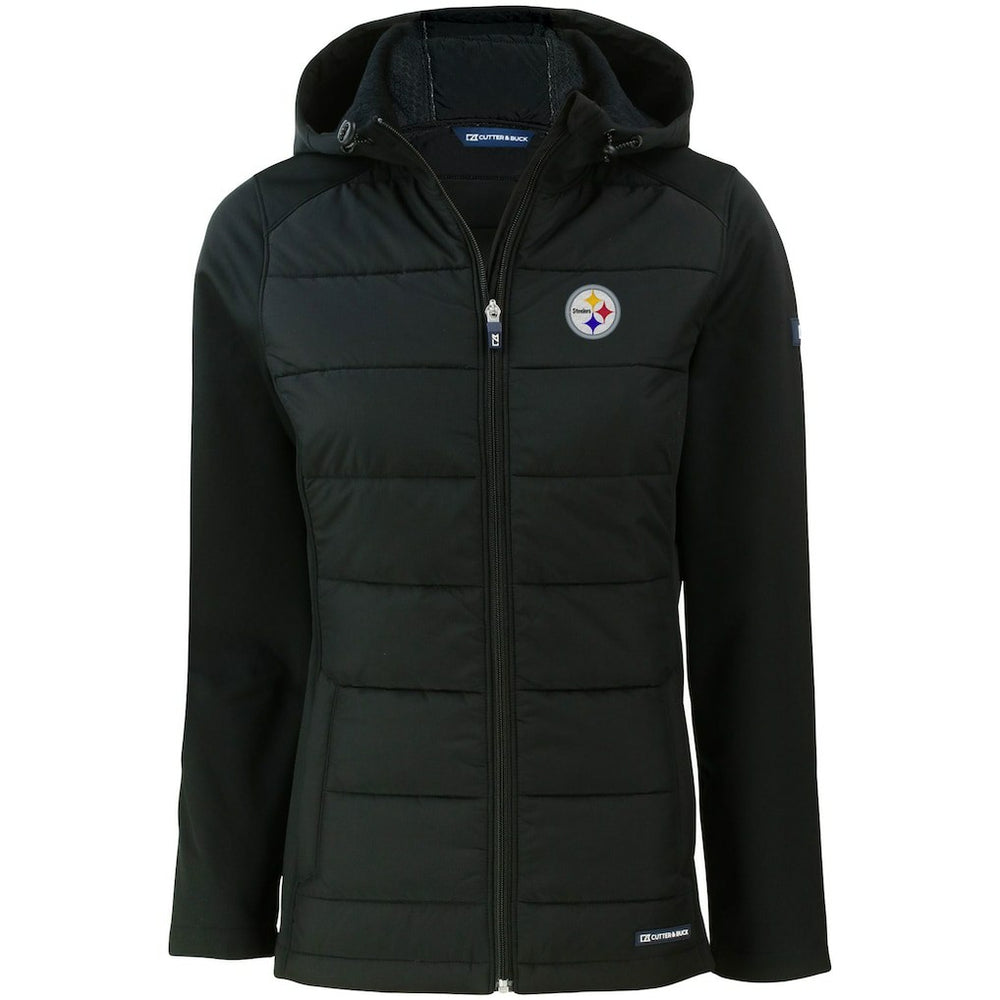 Pittsburgh Steelers Cutter & Buck Women's Evoke PrimaLoft Hybrid Eco Softshell Recycled Full-Zip Hooded Jacket - Black Jackets