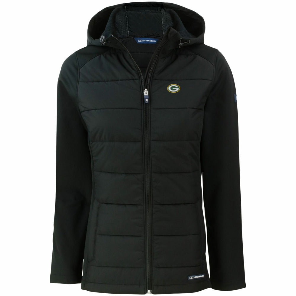 Green Bay Packers Cutter & Buck Women's Evoke PrimaLoft Hybrid Eco Softshell Recycled Full-Zip Hooded Jacket - Black Jackets