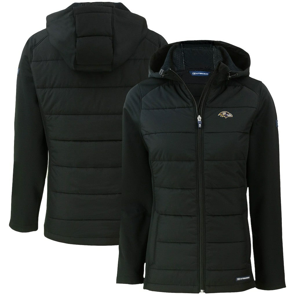 Baltimore Ravens Cutter & Buck Women's Evoke PrimaLoft Hybrid Eco Softshell Recycled Full-Zip Hooded Jacket - Black Jackets