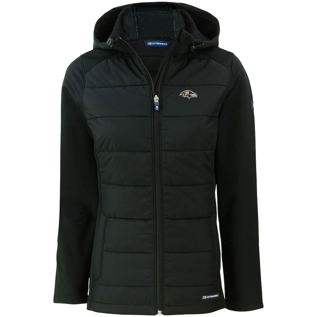 Baltimore Ravens Cutter & Buck Women's Evoke PrimaLoft Hybrid Eco Softshell Recycled Full-Zip Hooded Jacket - Black Jackets