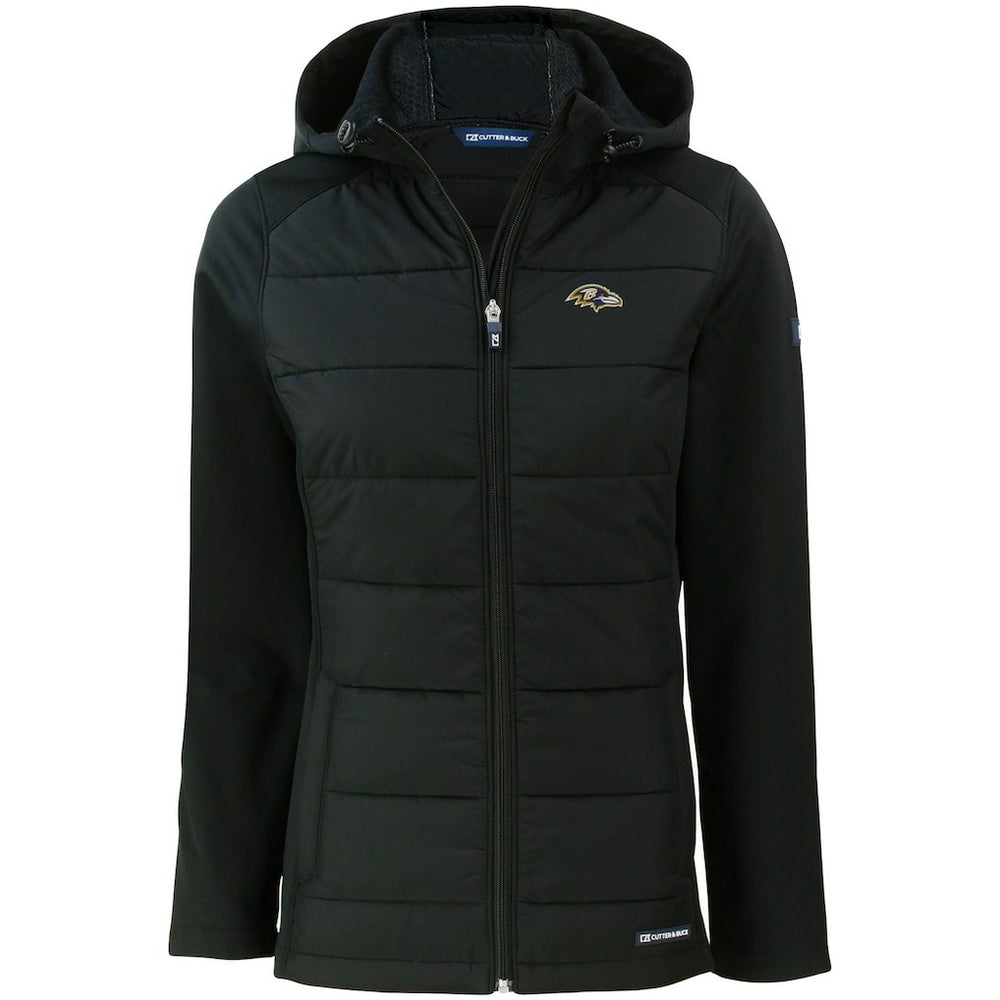 Baltimore Ravens Cutter & Buck Women's Evoke PrimaLoft Hybrid Eco Softshell Recycled Full-Zip Hooded Jacket - Black Jackets