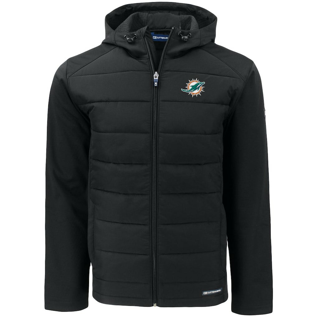 Miami Dolphins Cutter & Buck Evoke PrimaLoft Hybrid Eco Softshell Recycled Full-Zip Hooded Jacket - Black Jackets