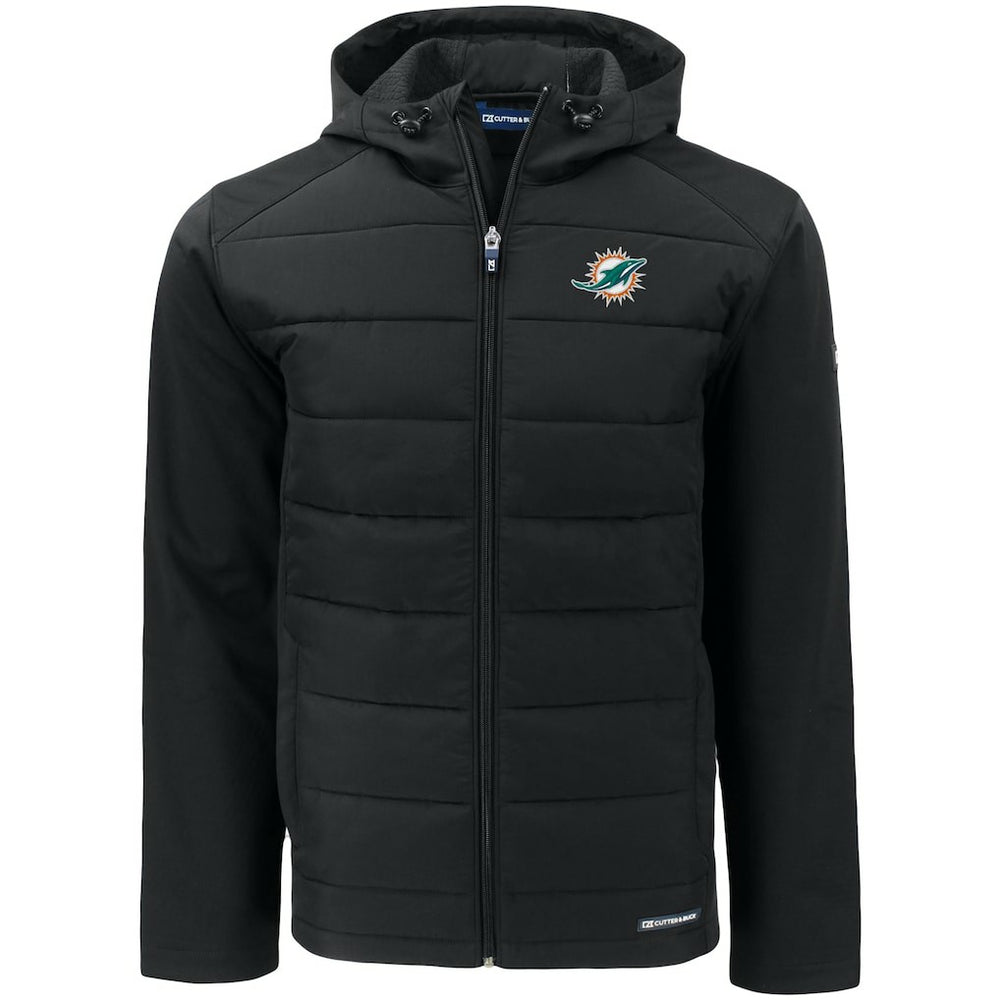 Miami Dolphins Cutter & Buck Evoke PrimaLoft Hybrid Eco Softshell Recycled Full-Zip Hooded Jacket - Black Jackets