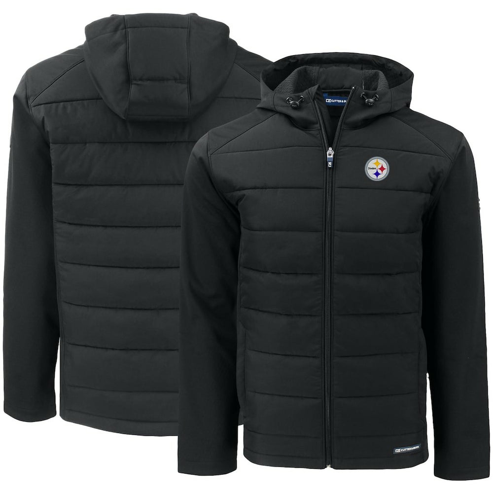 Pittsburgh Steelers Cutter & Buck Evoke PrimaLoft Hybrid Eco Softshell Recycled Full-Zip Hooded Jacket - Black Jackets