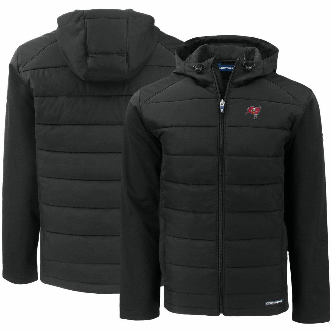 Tampa Bay Buccaneers Cutter & Buck Evoke PrimaLoft Hybrid Eco Softshell Recycled Full-Zip Hooded Jacket - Black Jackets