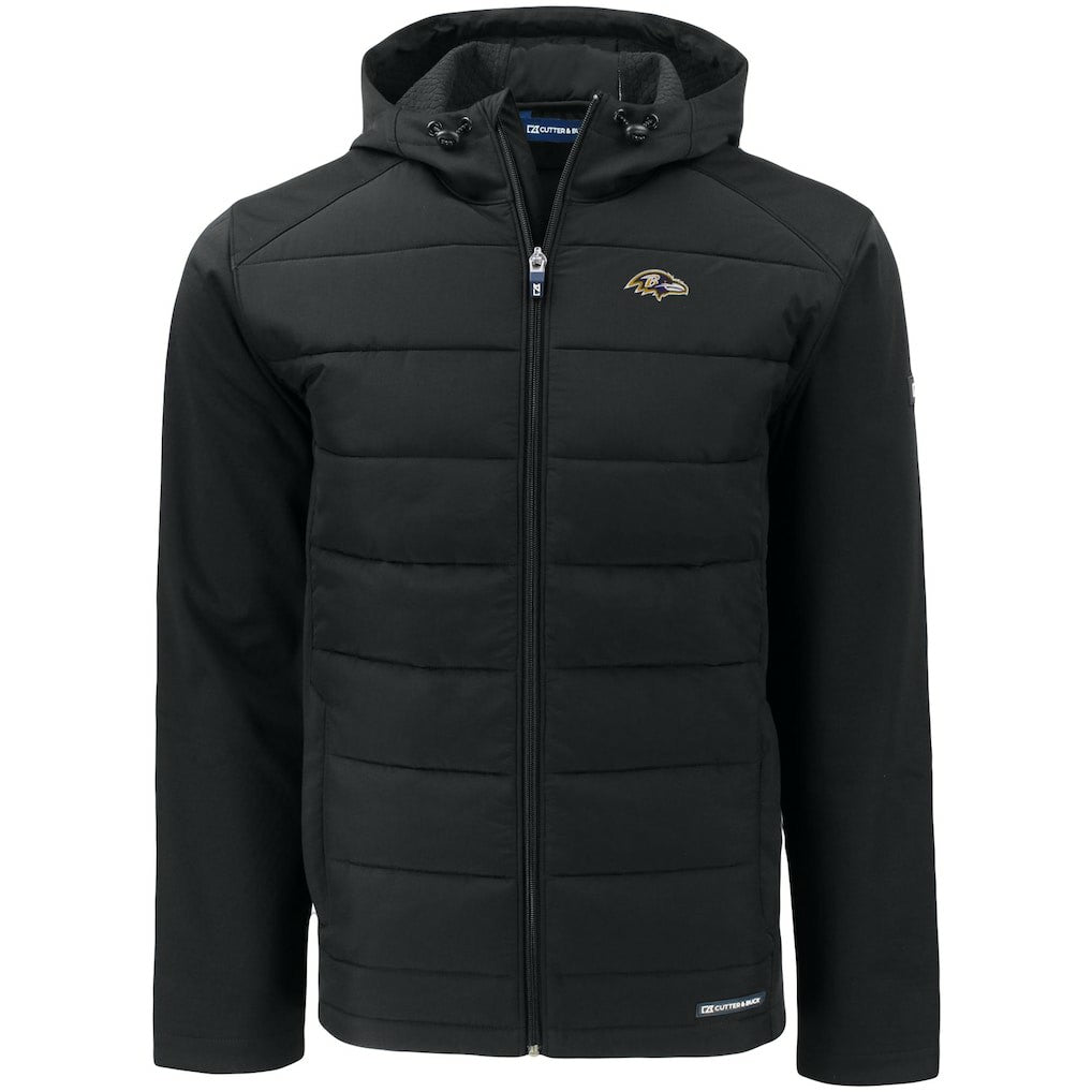 Baltimore Ravens Cutter & Buck Evoke PrimaLoft Hybrid Eco Softshell Recycled Full-Zip Hooded Jacket - Black Jackets