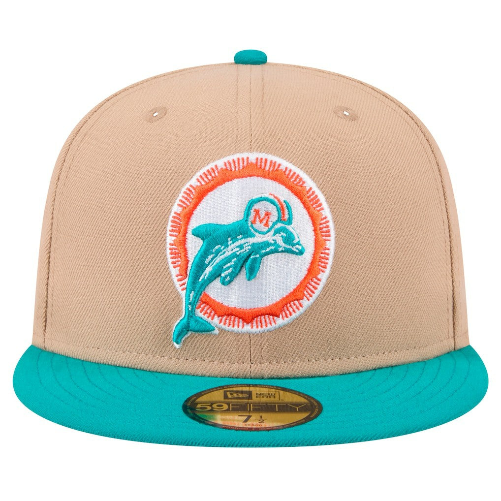 Miami Dolphins New Era Throwback Logo Main 59FIFTY Fitted Hat - Tan Hats