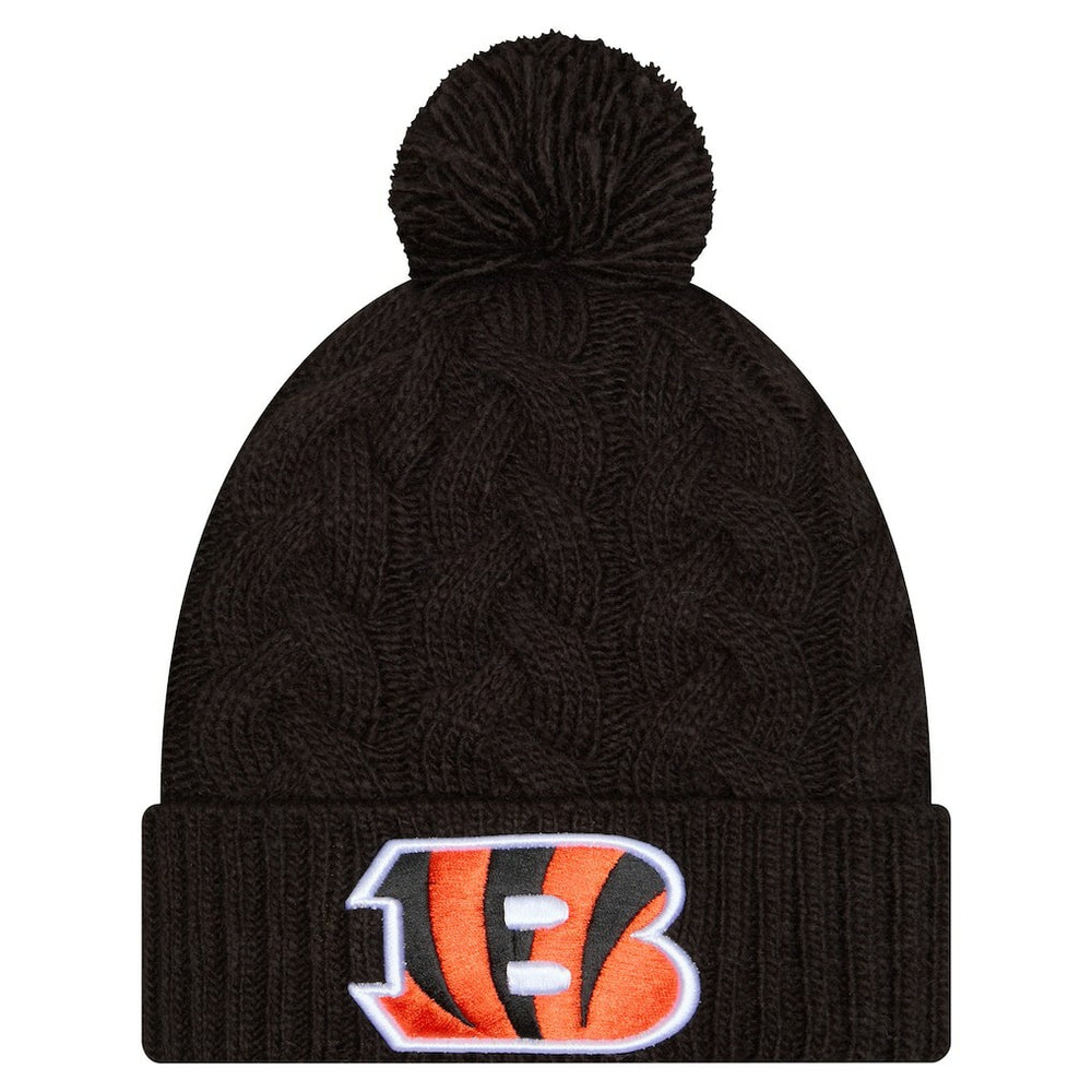 Cincinnati Bengals New Era Girls Youth Cabled Cuffed Knit Hat with Pom - Black Hats