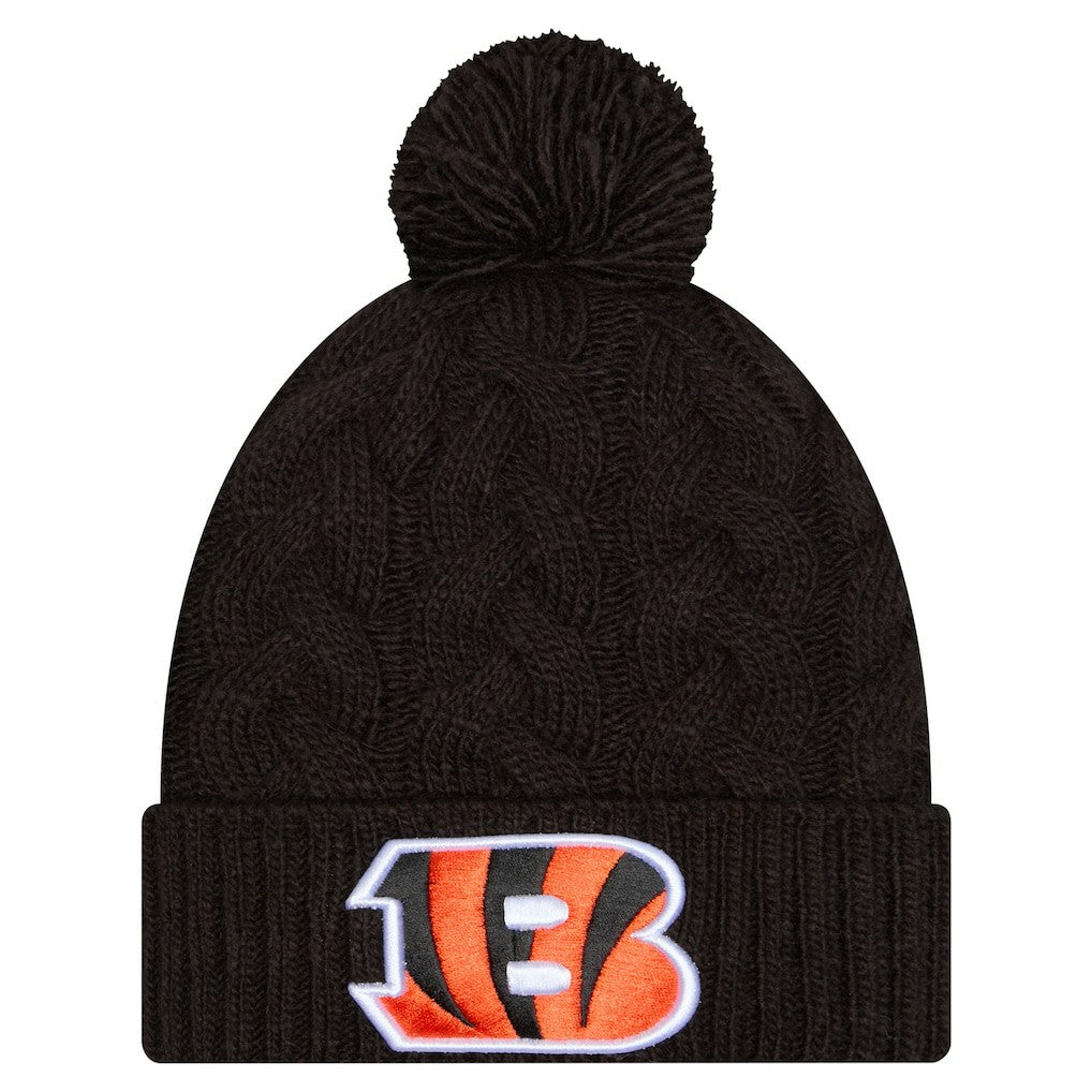 Cincinnati Bengals New Era Girls Youth Cabled Cuffed Knit Hat with Pom - Black Hats
