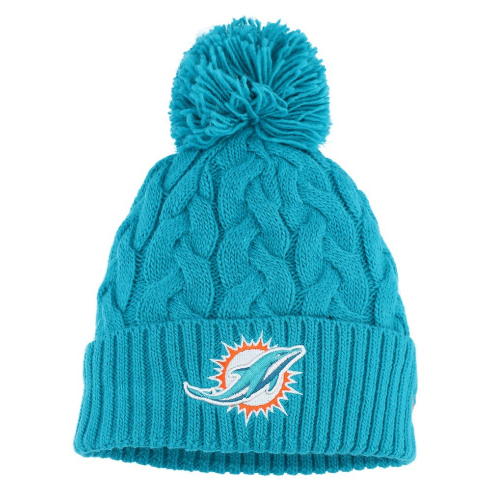 Miami Dolphins New Era Girls Youth Cabled Cuffed Knit Hat with Pom - Aqua Hats