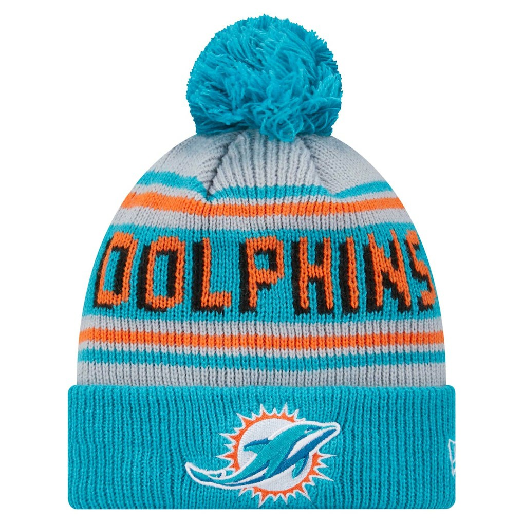 Miami Dolphins New Era Youth Main Cuffed Knit Hat with Pom - Aqua Hats