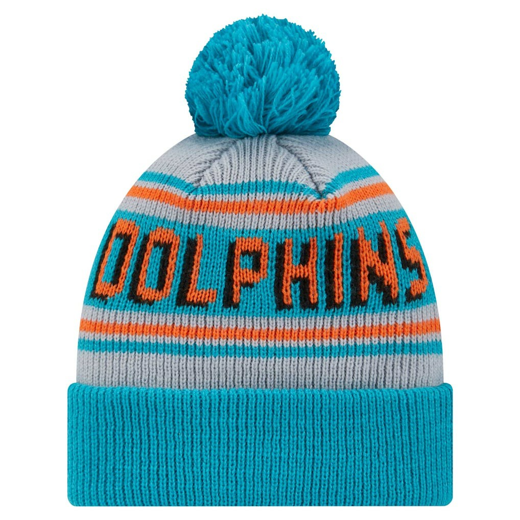 Miami Dolphins New Era Youth Main Cuffed Knit Hat with Pom - Aqua Hats