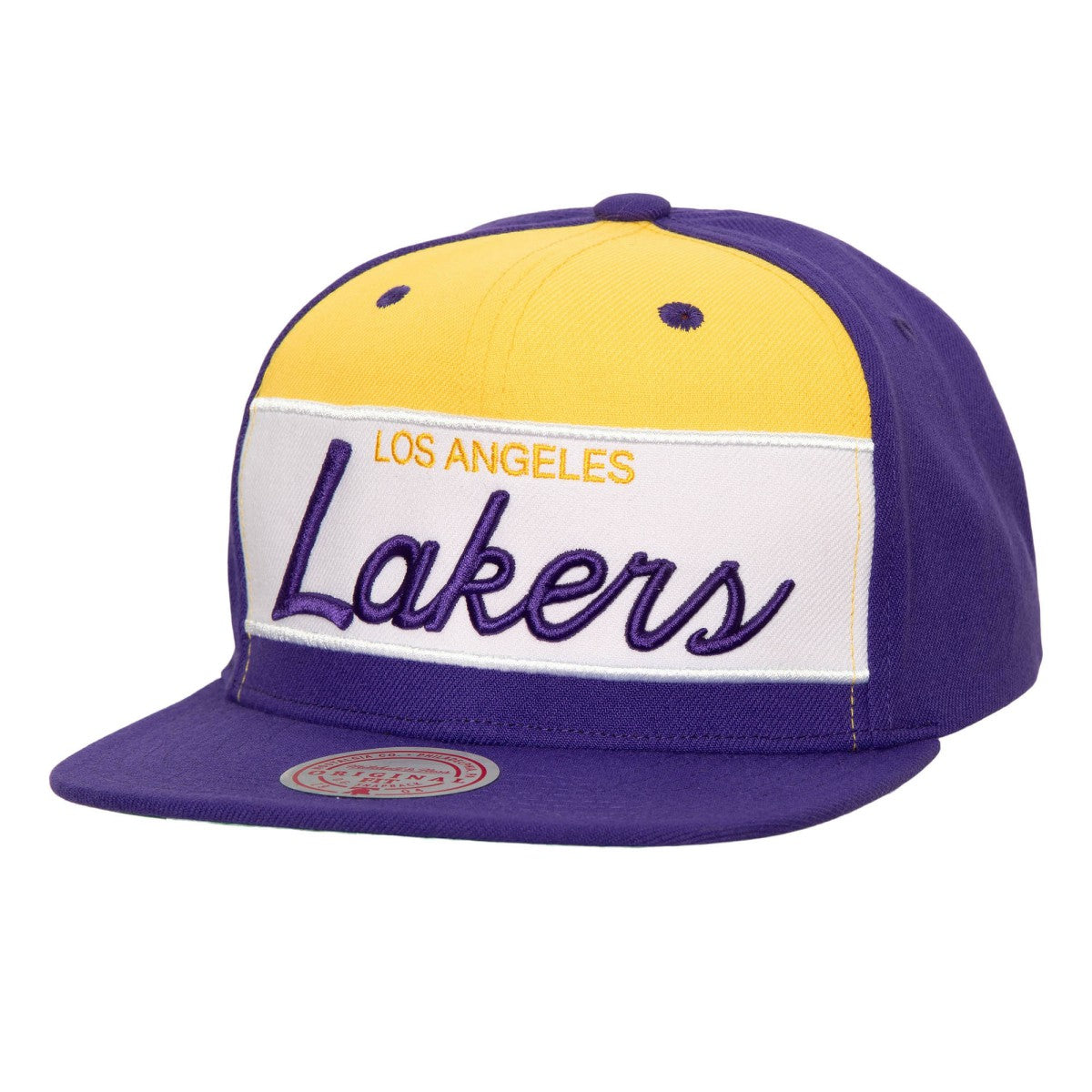 Los Angeles Lakers Retro Sport Color Block Script Snapback Hat White/Purple - Mitchell & Ness