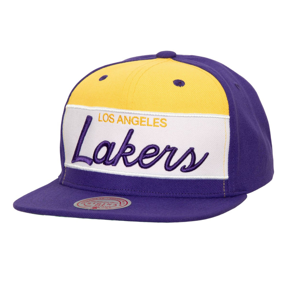 Los Angeles Lakers Retro Sport Color Block Script Snapback Hat White/Purple - Mitchell & Ness