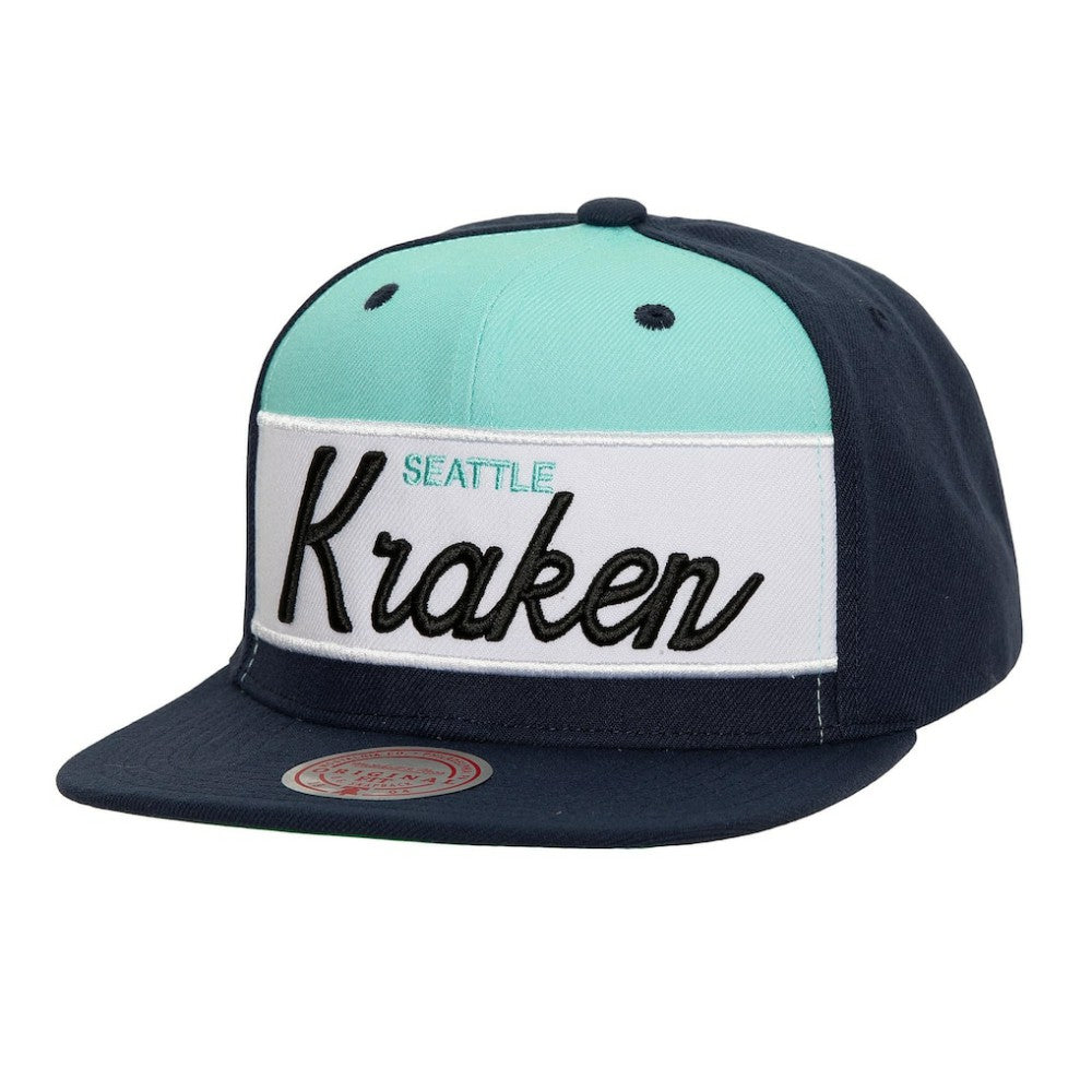 Seattle Kraken Mitchell & Ness Retro Script Colorblock Snapback Hat - Deep Sea Blue | US 201141488