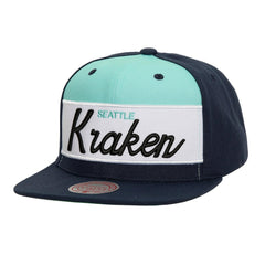Seattle Kraken Mitchell & Ness Retro Script Colorblock Snapback Hat - Deep Sea Blue | US 201141488