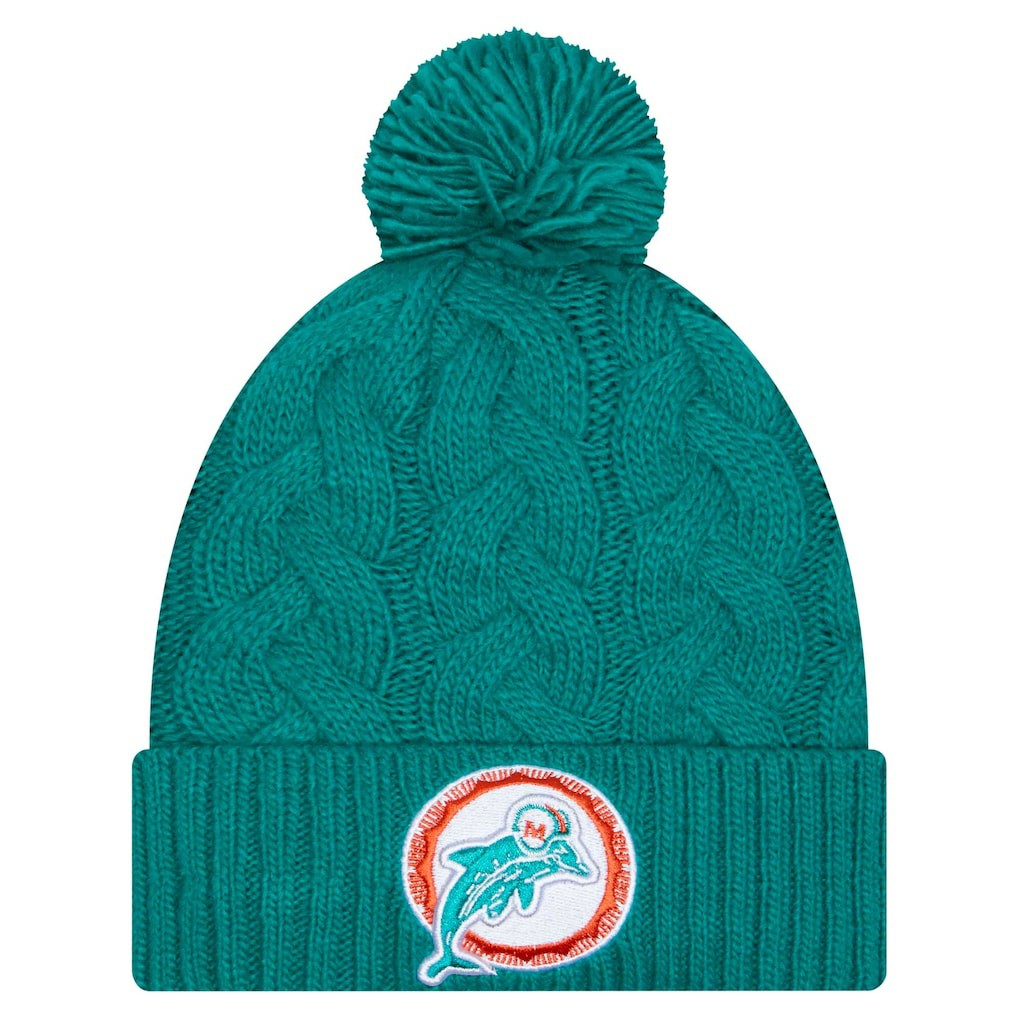 Miami Dolphins New Era Women's Cable Cuffed Knit Hat with Pom - Aqua Hats