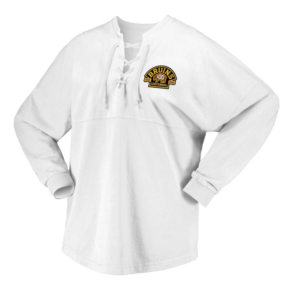 Boston Bruins Fanatics Women's 100th Anniversary Spirit Jersey T-Shirt - White | US 201153715