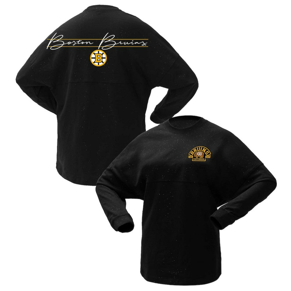 Boston Bruins Fanatics Women's 100th Anniversary Sparkle Spirit Jersey T-Shirt - Black | US 201153717