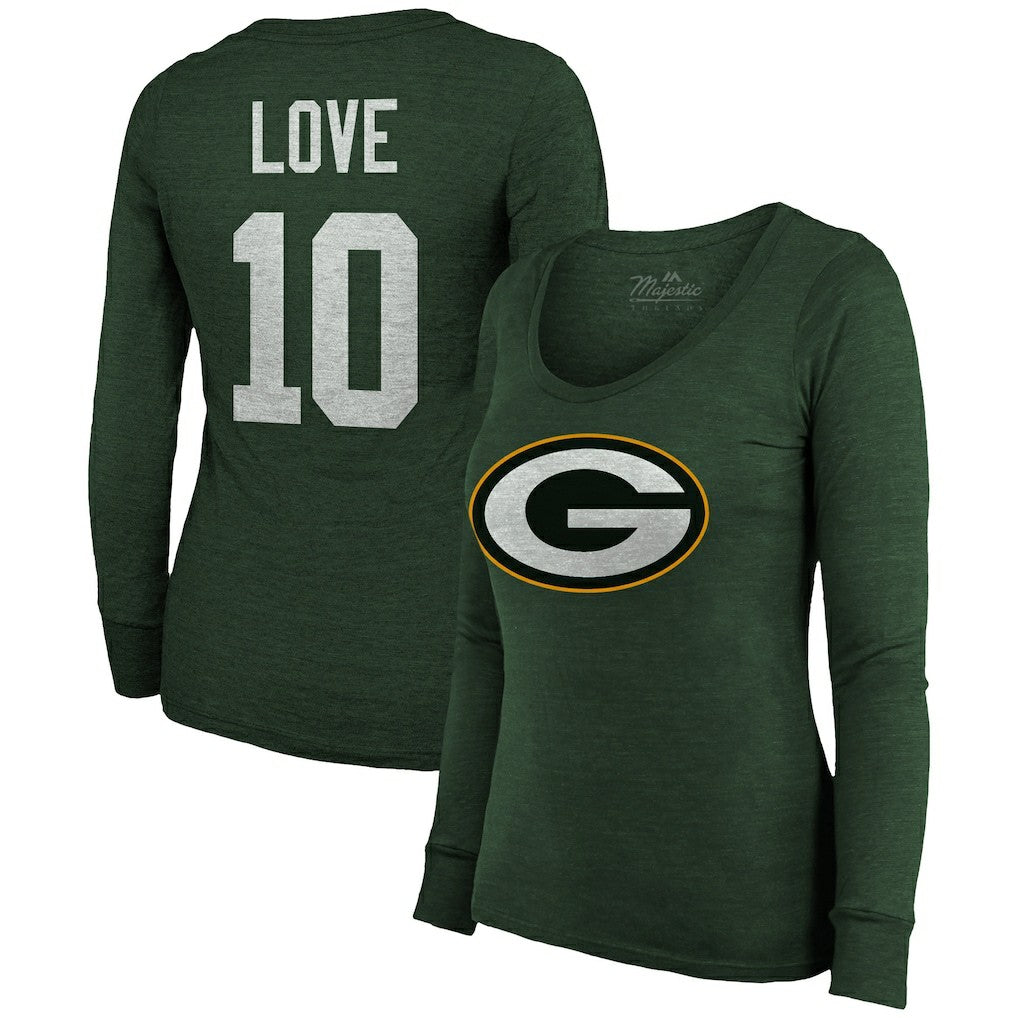 Jordan Love Green Bay Packers Majestic Threads Women's Name & Number Long Sleeve Scoop Neck Tri-Blend T-Shirt - Green