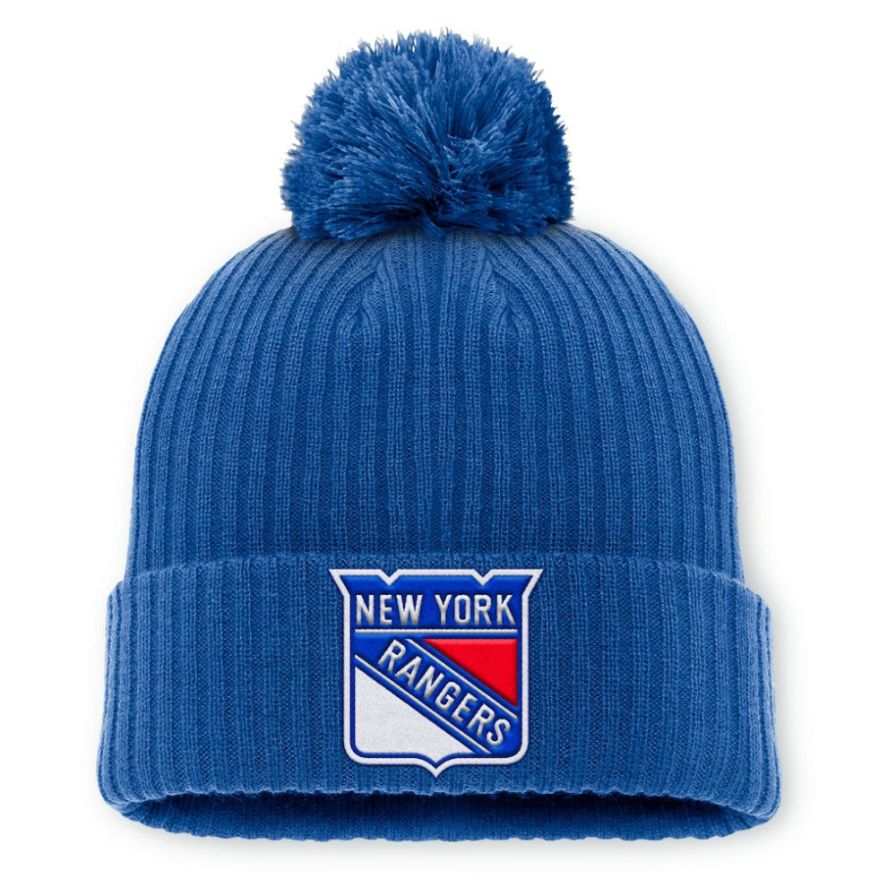 New York Rangers Fanatics Primary Logo Cuffed Knit Hat with Pom - Blue | US 201167395