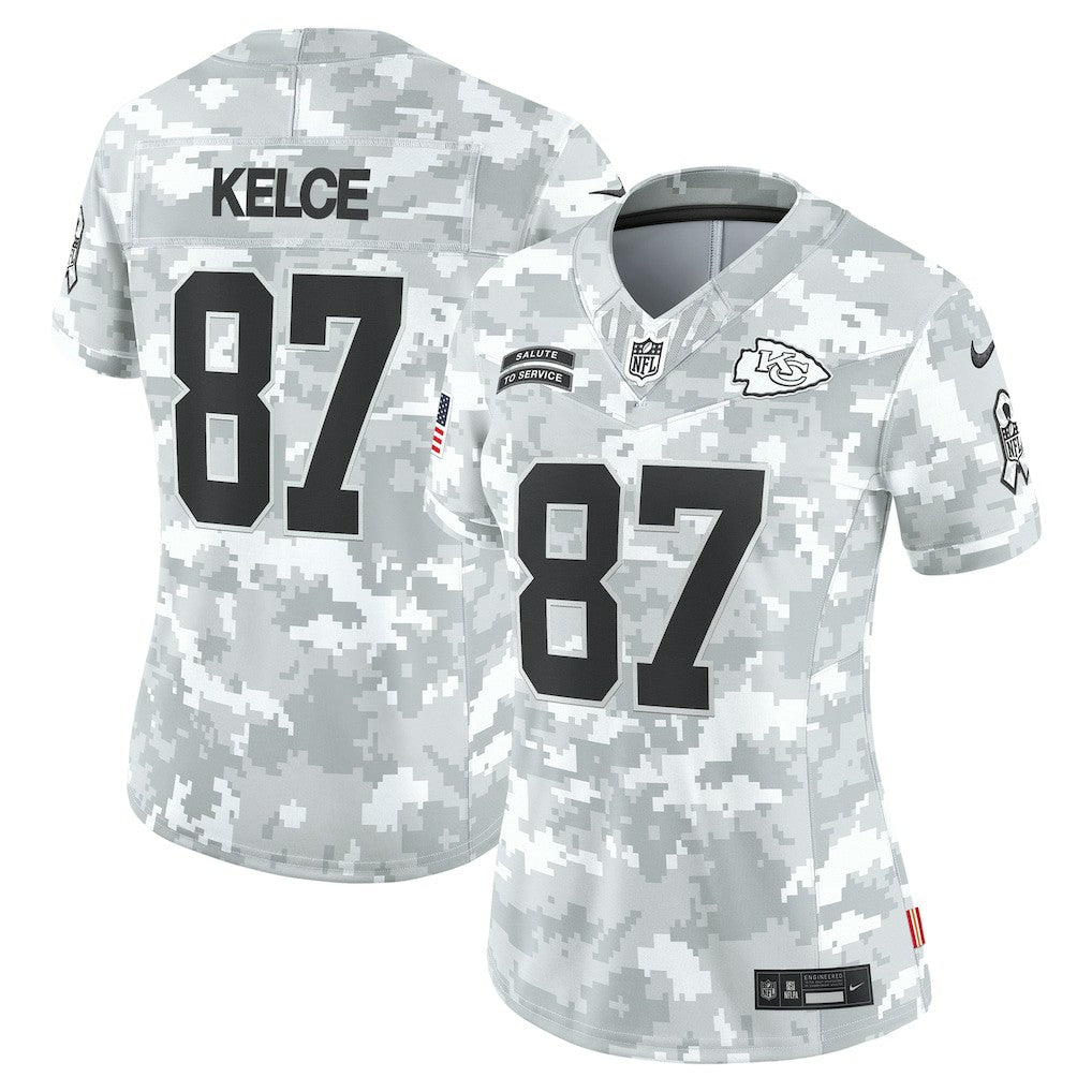 Travis Kelce Kansas City Chiefs Women's 2024 Salute to Service Limited Jersey - Arctic Camo Jerseys