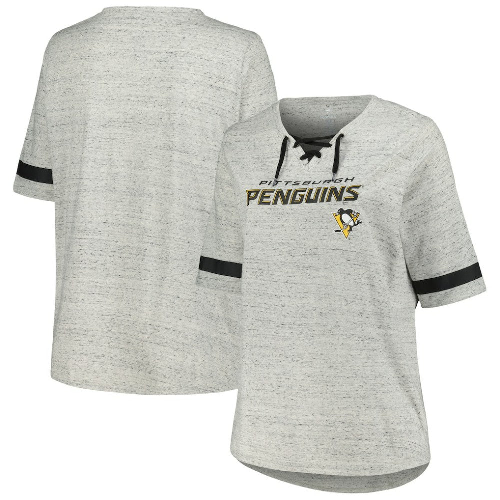 Pittsburgh Penguins Fanatics Women's Plus Size Lace-Up T-Shirt - Heather Gray | US 201173348