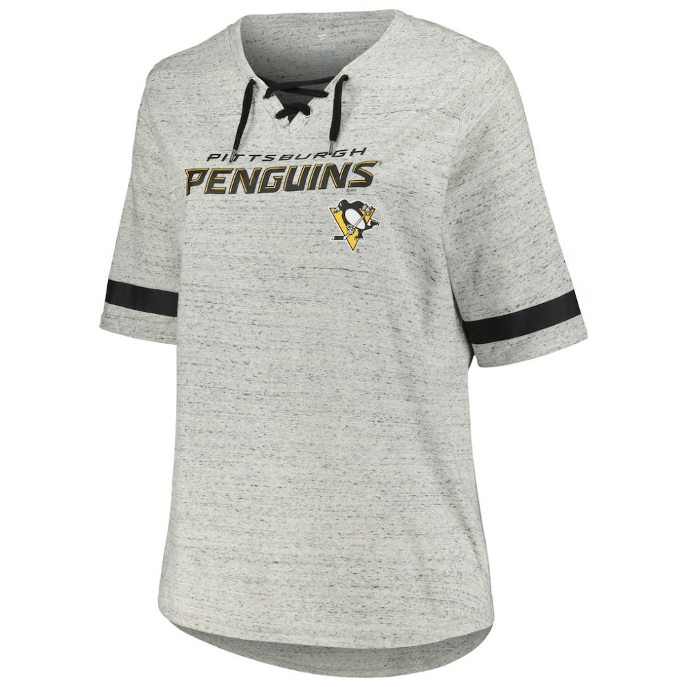 Pittsburgh Penguins Fanatics Women's Plus Size Lace-Up T-Shirt - Heather Gray | US 201173348