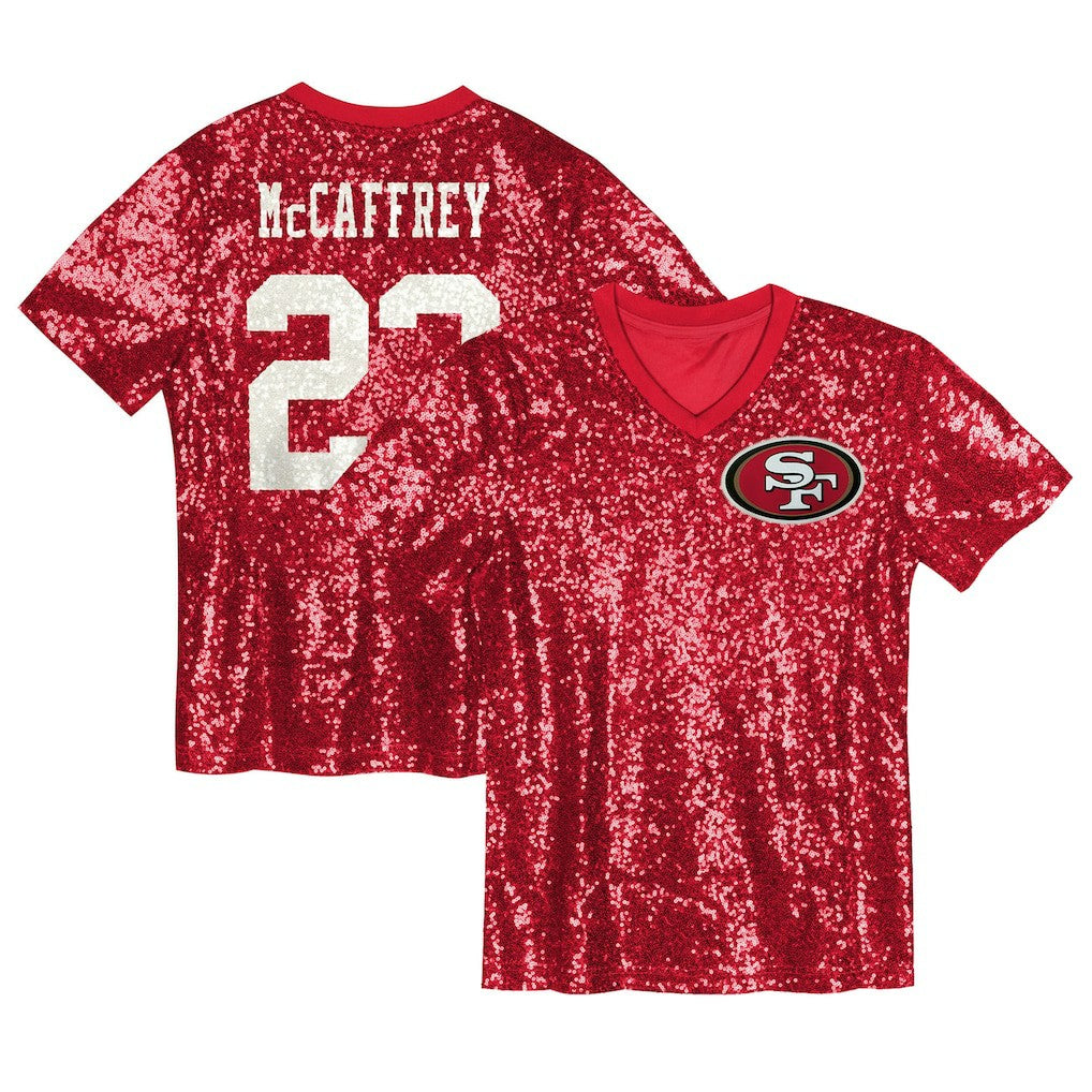 Christian McCaffrey San Francisco 49ers Girls Youth Sequin V-Neck Fashion Jersey - Scarlet Jerseys