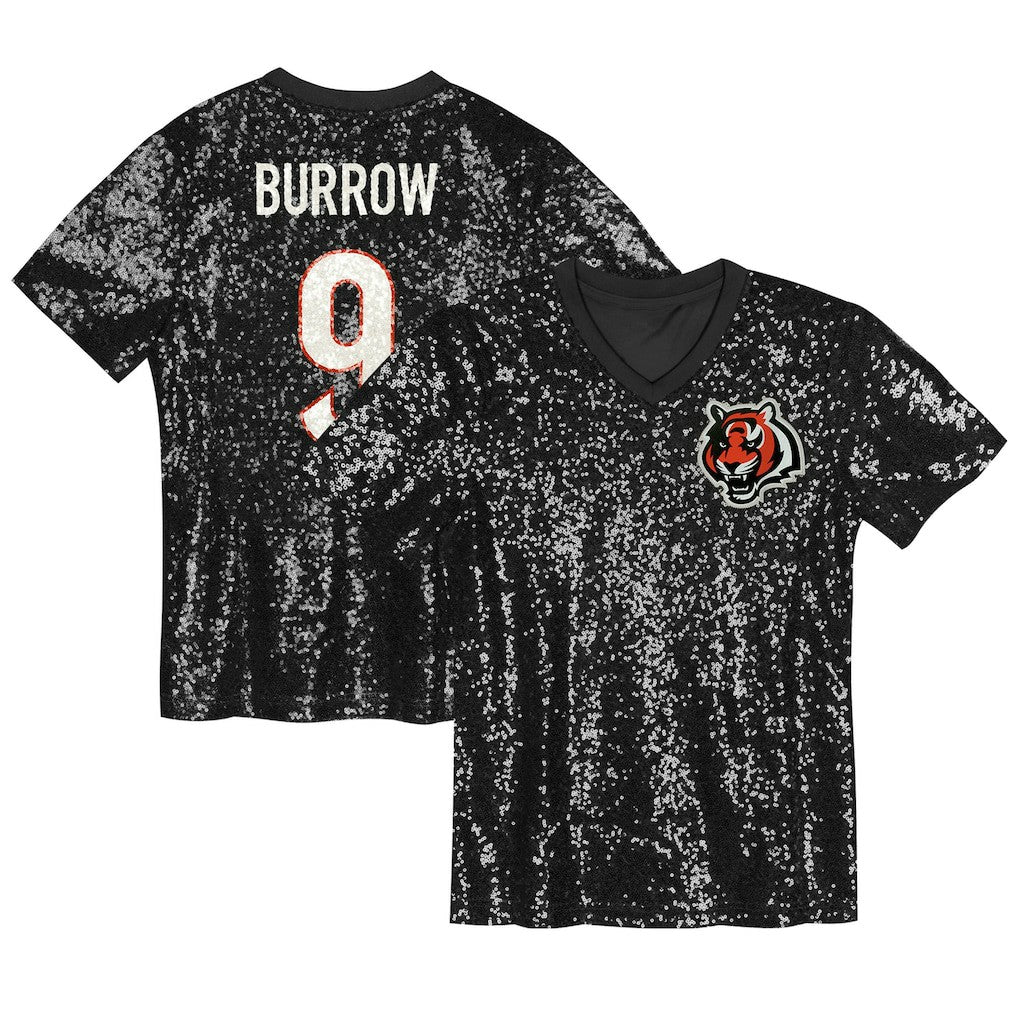 Joe Burrow Cincinnati Bengals Girls Youth Sequin V-Neck Fashion Jersey - Black Jerseys