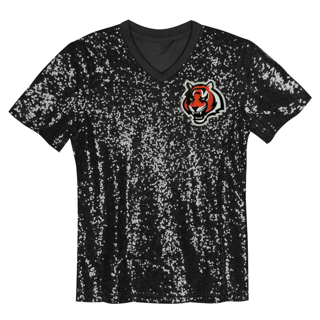Joe Burrow Cincinnati Bengals Girls Youth Sequin V-Neck Fashion Jersey - Black Jerseys