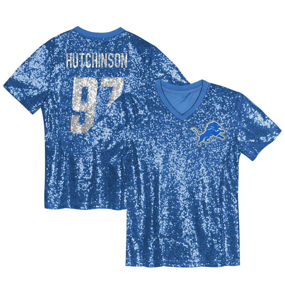 Aidan Hutchinson Detroit Lions Girls Youth Sequin V-Neck Fashion Jersey - Blue Jerseys