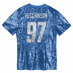 Aidan Hutchinson Detroit Lions Girls Youth Sequin V-Neck Fashion Jersey - Blue Jerseys