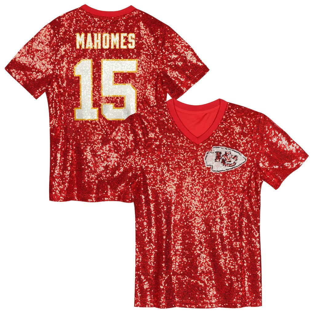 Patrick Mahomes Kansas City Chiefs Girls Youth Sequin V-Neck Fashion Jersey - Red Jerseys