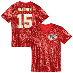 Patrick Mahomes Kansas City Chiefs Girls Youth Sequin V-Neck Fashion Jersey - Red Jerseys