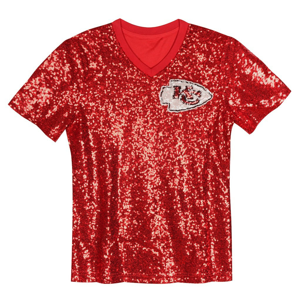 Patrick Mahomes Kansas City Chiefs Girls Youth Sequin V-Neck Fashion Jersey - Red Jerseys